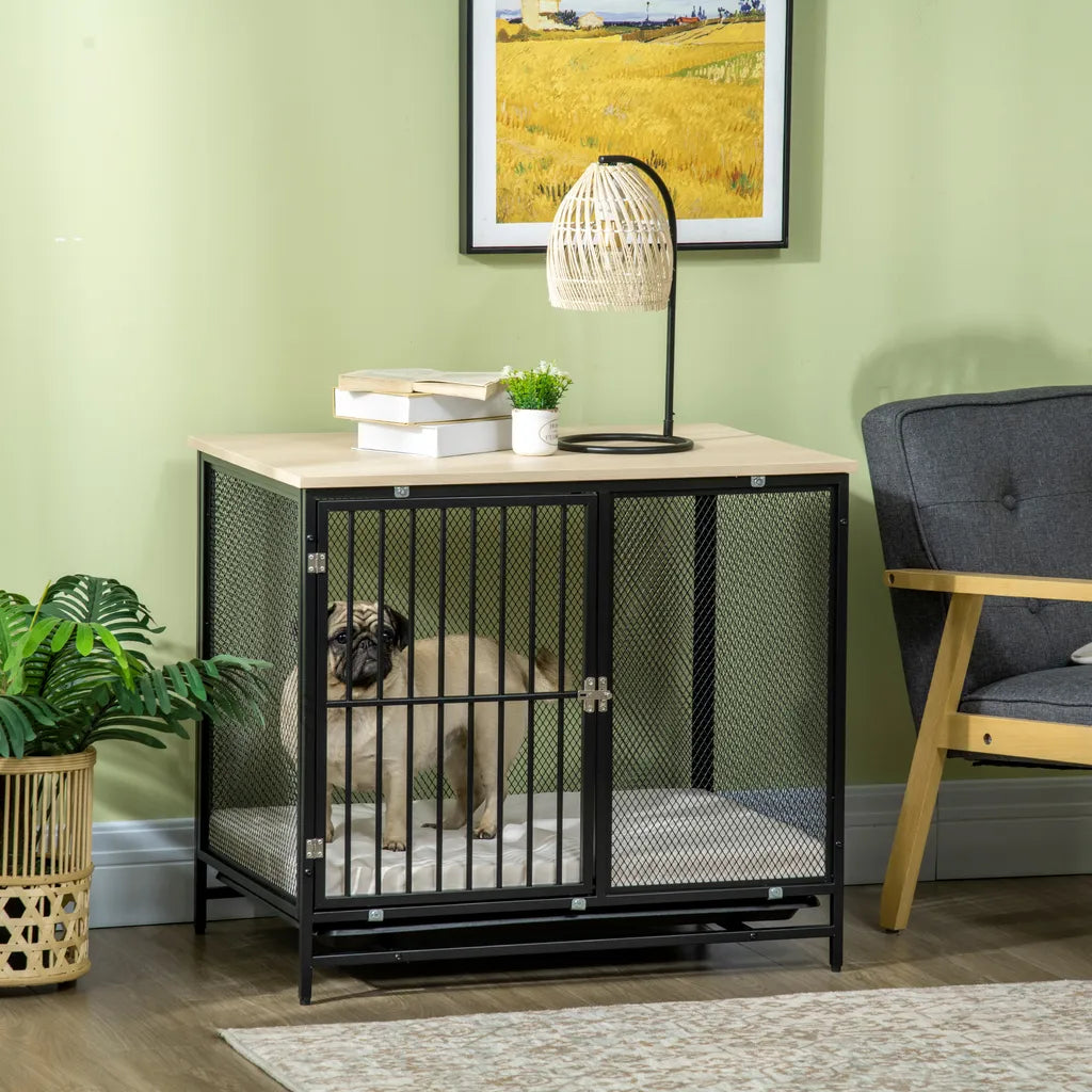  PawHut Hundekäfig, Hundehaus Mit Tischplatte, Haustierkäfig, Hundehütte Mit Kissen, Ausziehbarer Bodenwanne, Hundebox Für Mittelgroße Hunde, Tierkäfig, Indoor, Eiche+Schwarz, 80 X 55 X 71 Cm