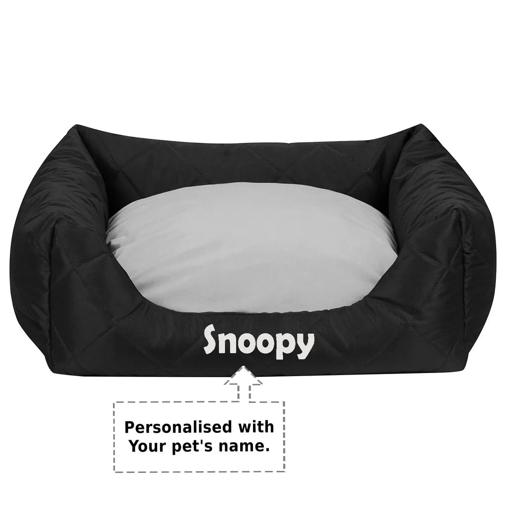  Personalisiertes Hundebett Mit Namen Bedruckt Waschbares Hundesofa Mit Rand Und Wendekissen, Hundekissen Aus Cordura, Grau Auf Schwarz 60x55 [123]