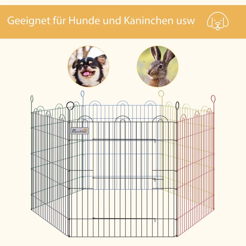  PawHut Welpenauslauf Für Haustiere, 6 Stücke Welpenzaun, Laufstall, Freilaufgehege, Metall, Bunt, Ø120 X H60 Cm
