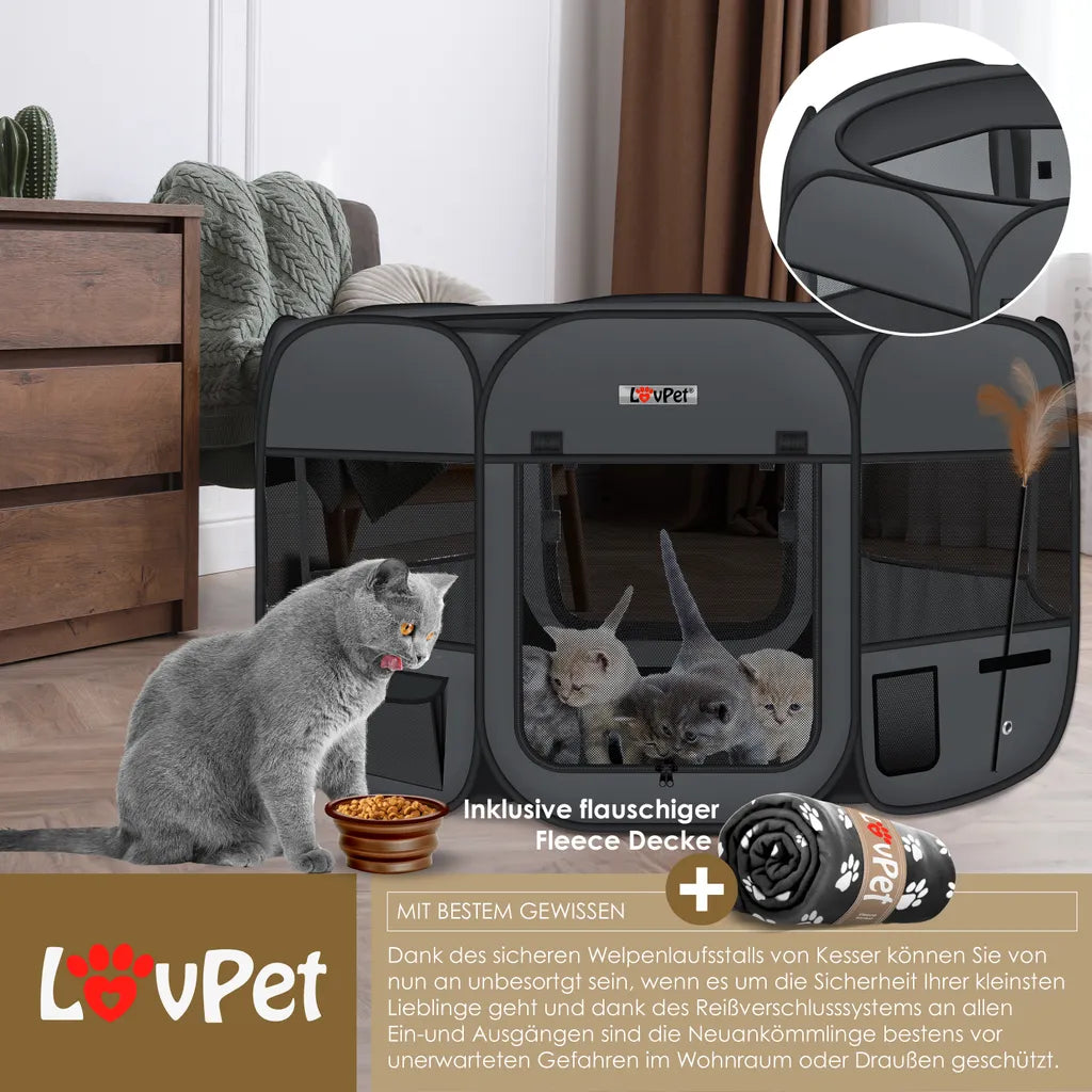  LOVPET® Welpenlaufstall Tierlaufstall Faltbar Für Kleintiere Hunde, Katzen Inkl. Hundenapf Hundelaufstall Freigehege Oxfordgewebe Pop-up System Indoor & Outdoor, Farbe:Anthrazit / Schwarz