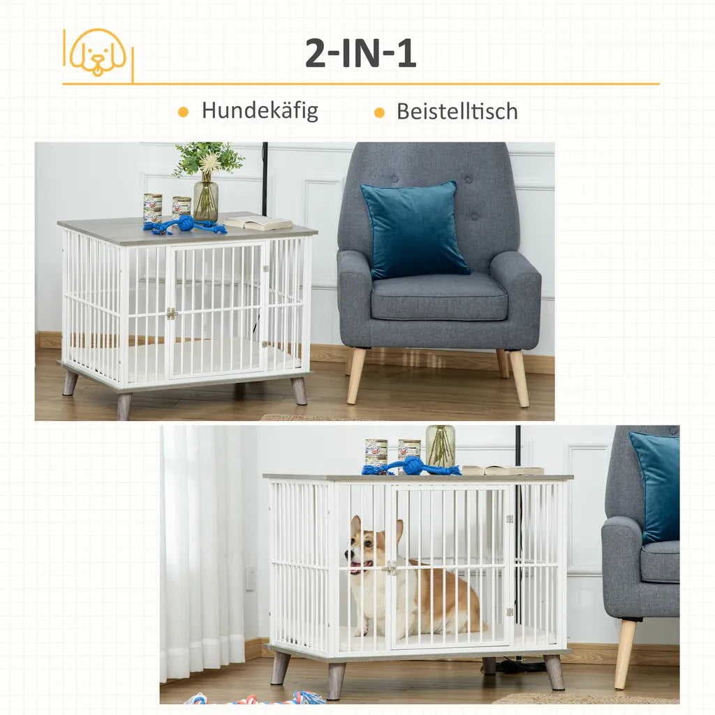 PawHut Hundekäfig Aus Holz Mit Kissen Tischoberfläche Erhöhtes Design Hundebox Für Mittelgroße Hunde Innen Zuhause Tierkäfig Haustier Weiß+Grau 86 X 60 X 70 Cm