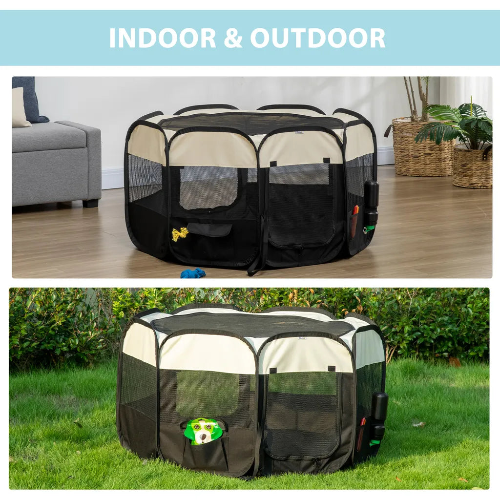  PawHut Welpenlaufstall Tierlaufstall Faltbarer Welpenauslauf Freigehege Laufstall Aus Oxfordstoff Für Kleine Hunde Und Katzen Wasserdicht Tragbar Cremeweiß+Schwarz 118 X 118 X 62 Cm