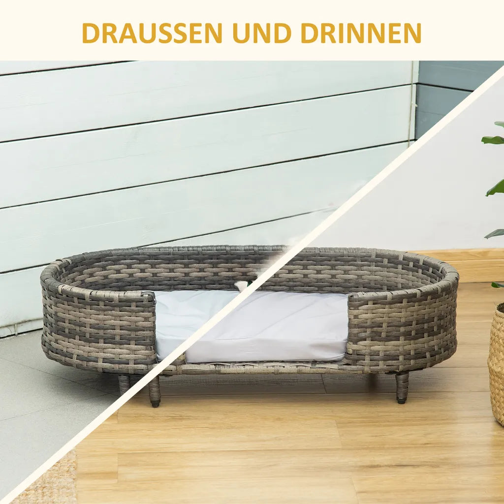  PawHut Hundesofa Rattan Haustiersofa Mit Kissen Hundebett Hundekorb Katzensofa Hundekörbchen Für Kleine Und Mittelgroße Hunde Erhöhtes Design Braun+Grau 74 X 42 X 21 Cm