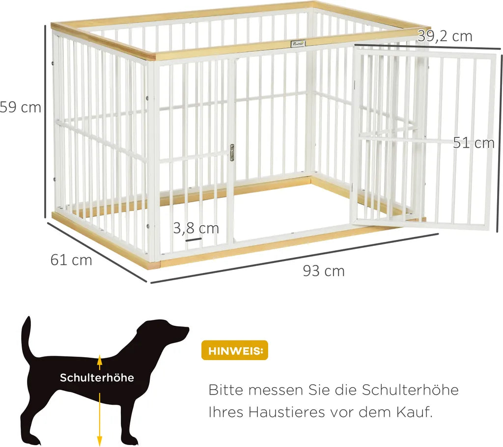  PawHut Welpenauslauf Freigehege Für Hund Hundelaufstall Schutzgitter Mit Tür Stahl Kiefernholz Weiß+Natur 93 X 61 X 59 Cm