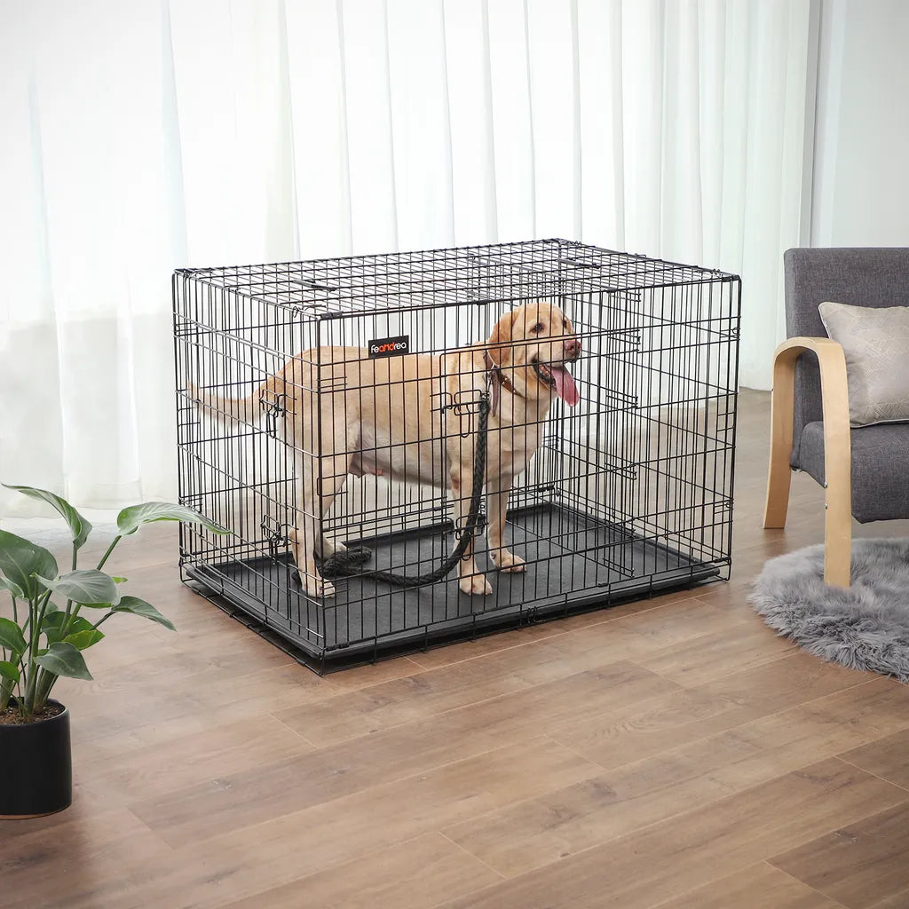  FEANDREA Hundebox Mit 2 Türen 122 X 74,5 X 80,5 Cm Hundekäfig Zusammenklappbar Schwarz PPD48BK