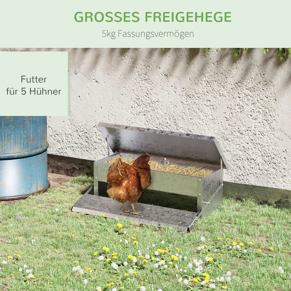  PawHut Futterautomat Hühner 5 Kg Füllmenge Hühnerfutterautomat Futterspender Geflügel-Futterspender Mit Deckel Für Hühner Und Geflügel Wasserdicht Automatisch Silber 56 X 36 X 18,5 Cm