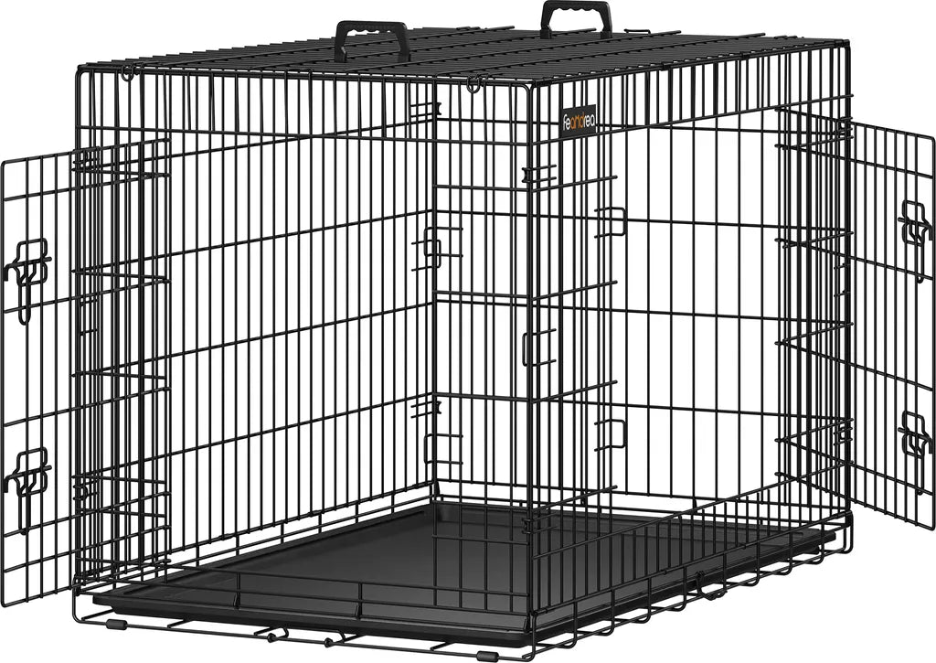  Feandrea Hundekäfig, XXL, 122 X 74,5 X 80,5 Cm, Klappbar, Mit 2 Türen, Ausziehbare Kunststoffschale, Schwarz PPD48H