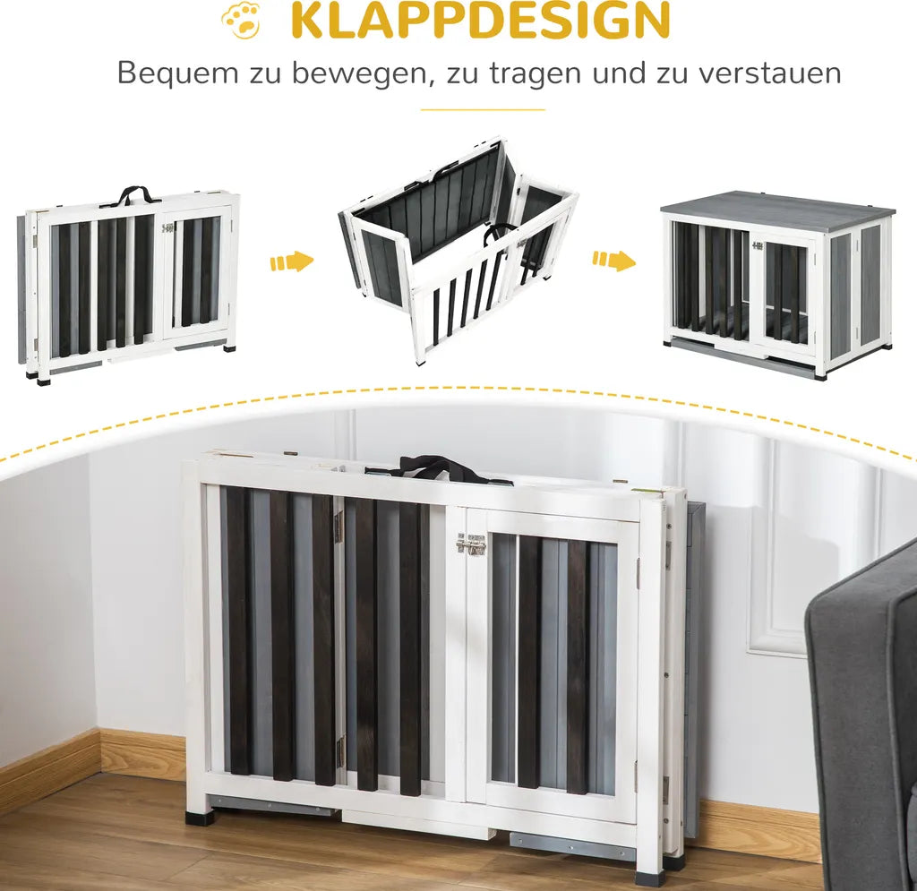  Pawhut Hundehütte Tannenholz Faltbarer Hundekäfig Hundehaus Mit Fenster Transportbox Transportkäfig Haustierkäfig Grau 84,5 X 51,4 X 61 Cm