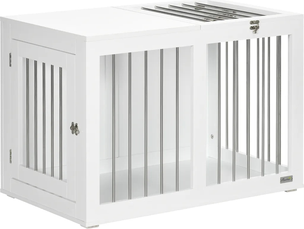  PawHut Hundekäfig, Hundehütte Mit Tischplatte, Haustierkäfig Für Mittelgroße Hunde, Hundebox Mit Türen, Hundehaus, Beistelltisch, Transportkäfig, Weiß, 80 X 50 X 56,5 Cm