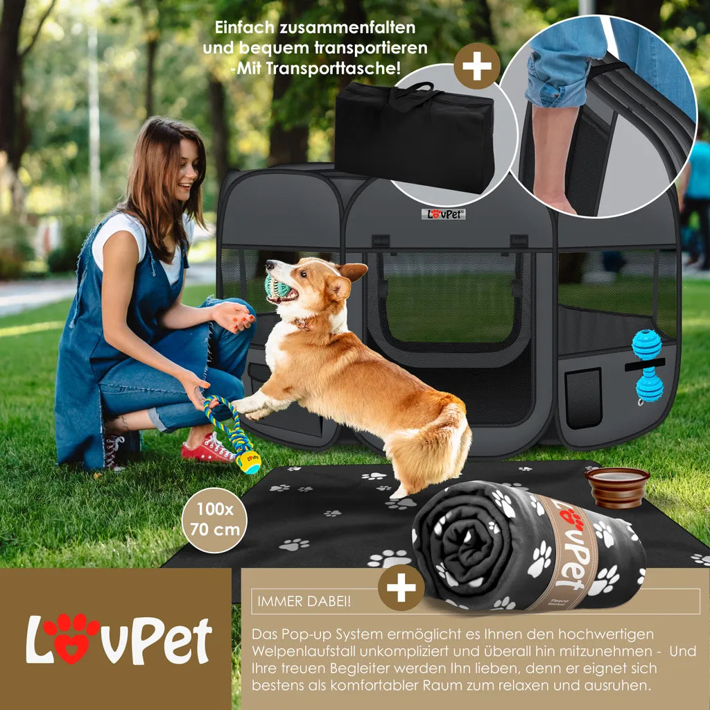  LOVPET® Welpenlaufstall Tierlaufstall Faltbar Für Kleintiere Hunde, Katzen Inkl. Hundenapf Hundelaufstall Freigehege Oxfordgewebe Pop-up System Indoor & Outdoor, Farbe:Anthrazit / Schwarz