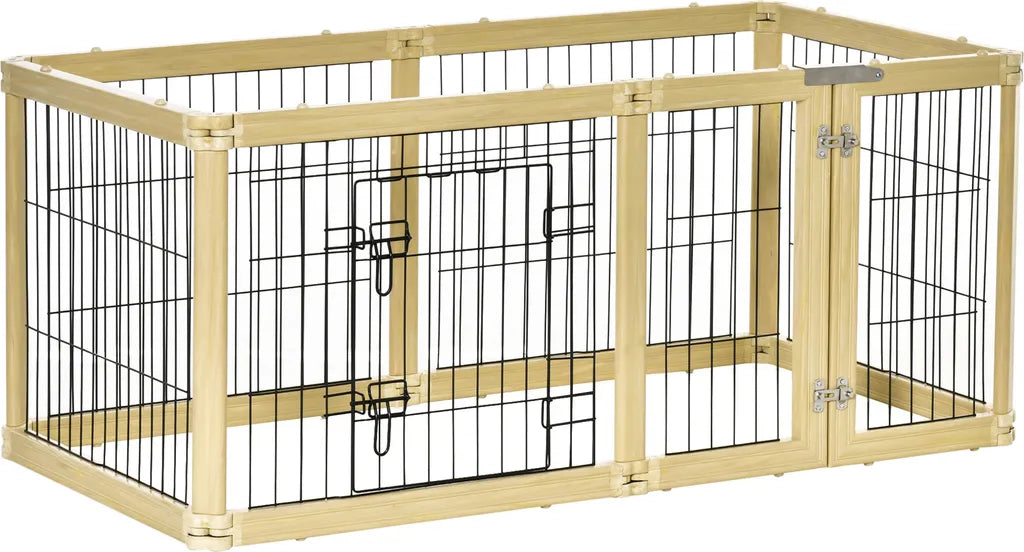  Pawhut Freigehege 6 Stücke Schutzgitter DIY-Laufstall Welpenauslauf Freilaufgehege Mit Tür Für Kleine Hunde Klappbar Naturholz 420 X 62 Cm