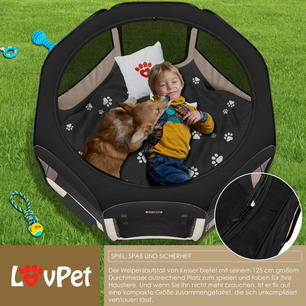  LOVPET® Welpenlaufstall Tierlaufstall Faltbar Für Kleintiere Hunde, Katzen Inkl. Hundenapf Hundelaufstall Freigehege Oxfordgewebe Pop-up System Indoor & Outdoor, Farbe:Schwarz / Beige
