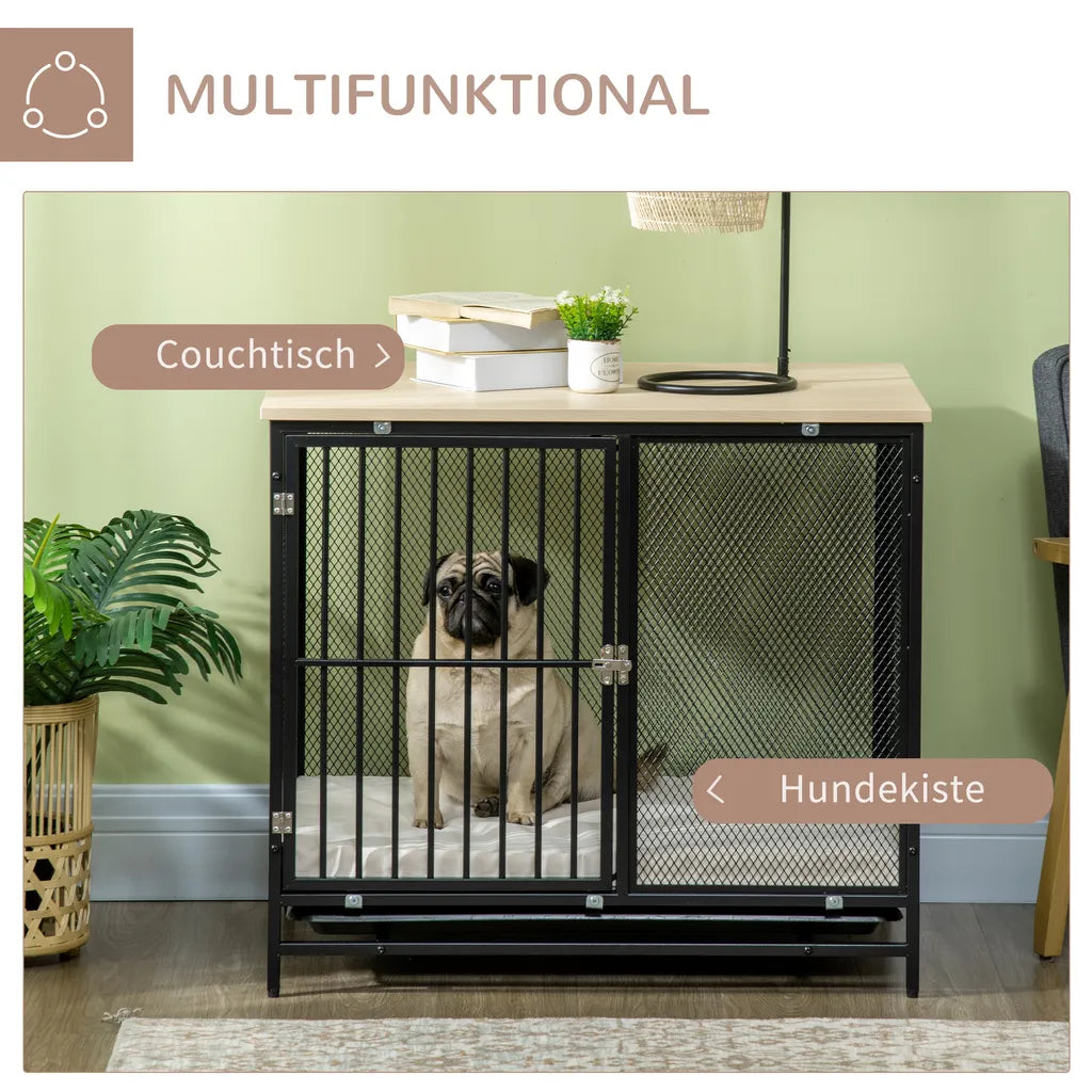  PawHut Hundekäfig, Hundehaus Mit Tischplatte, Haustierkäfig, Hundehütte Mit Kissen, Ausziehbarer Bodenwanne, Hundebox Für Mittelgroße Hunde, Tierkäfig, Indoor, Eiche+Schwarz, 80 X 55 X 71 Cm