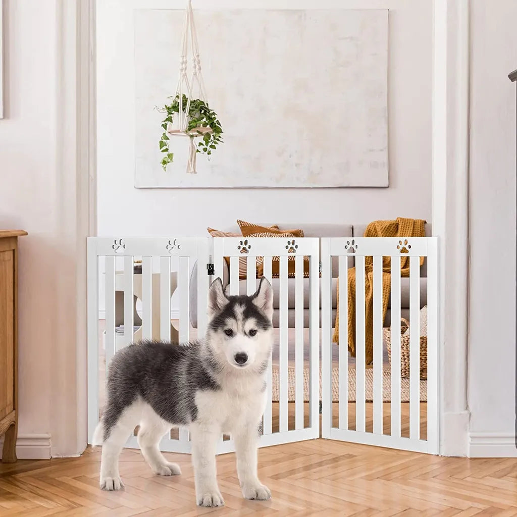  COSTWAY Absperrgitter Hunde 89cm Hoch, Schutzgitter Holz Klappbar, Treppengitter Hundeabsperrgitter Flexibel Türschutzgitter (Weiß, 3 Paneelen)