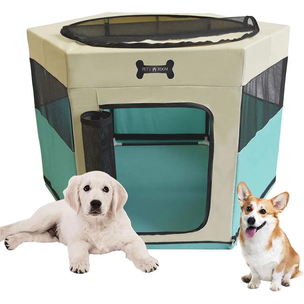 Mucola Welpenlaufstall Welpenauslauf Tierlaufstall 73x73x43 CM Türkis Beige Faltbar Freilaufgehege Hund Katze Kleintiere Hasen Haustier