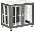  PawHut Hundekäfig Aus Holz Mit Tischoberfläche Schrank Kissen Erhöhtes Design Hundebox Hundehütte Hundekisten Für Mittelgroße Kleine Hunde Beistelltisch Design Innen Grau+Weiß 85 X 55 X 75 Cm