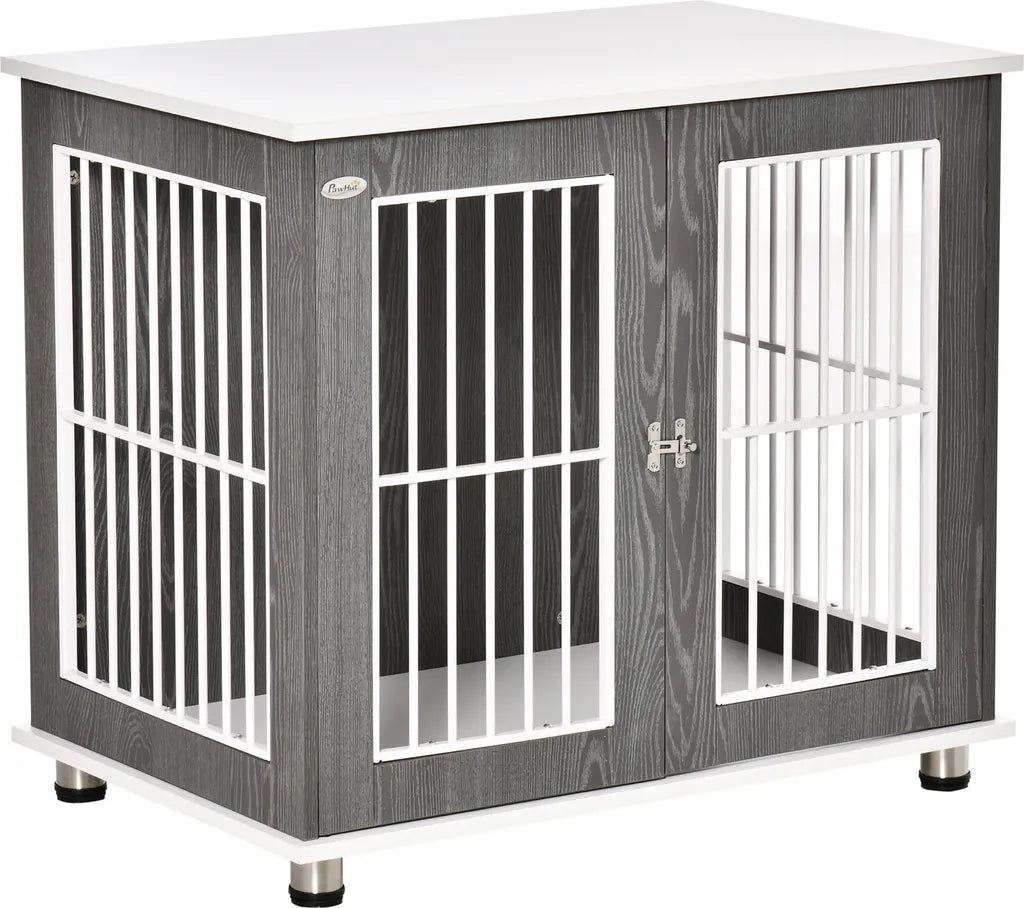  PawHut Hundekäfig Aus Holz Mit Tischoberfläche Schrank Kissen Erhöhtes Design Hundebox Hundehütte Hundekisten Für Mittelgroße Kleine Hunde Beistelltisch Design Innen Grau+Weiß 85 X 55 X 75 Cm