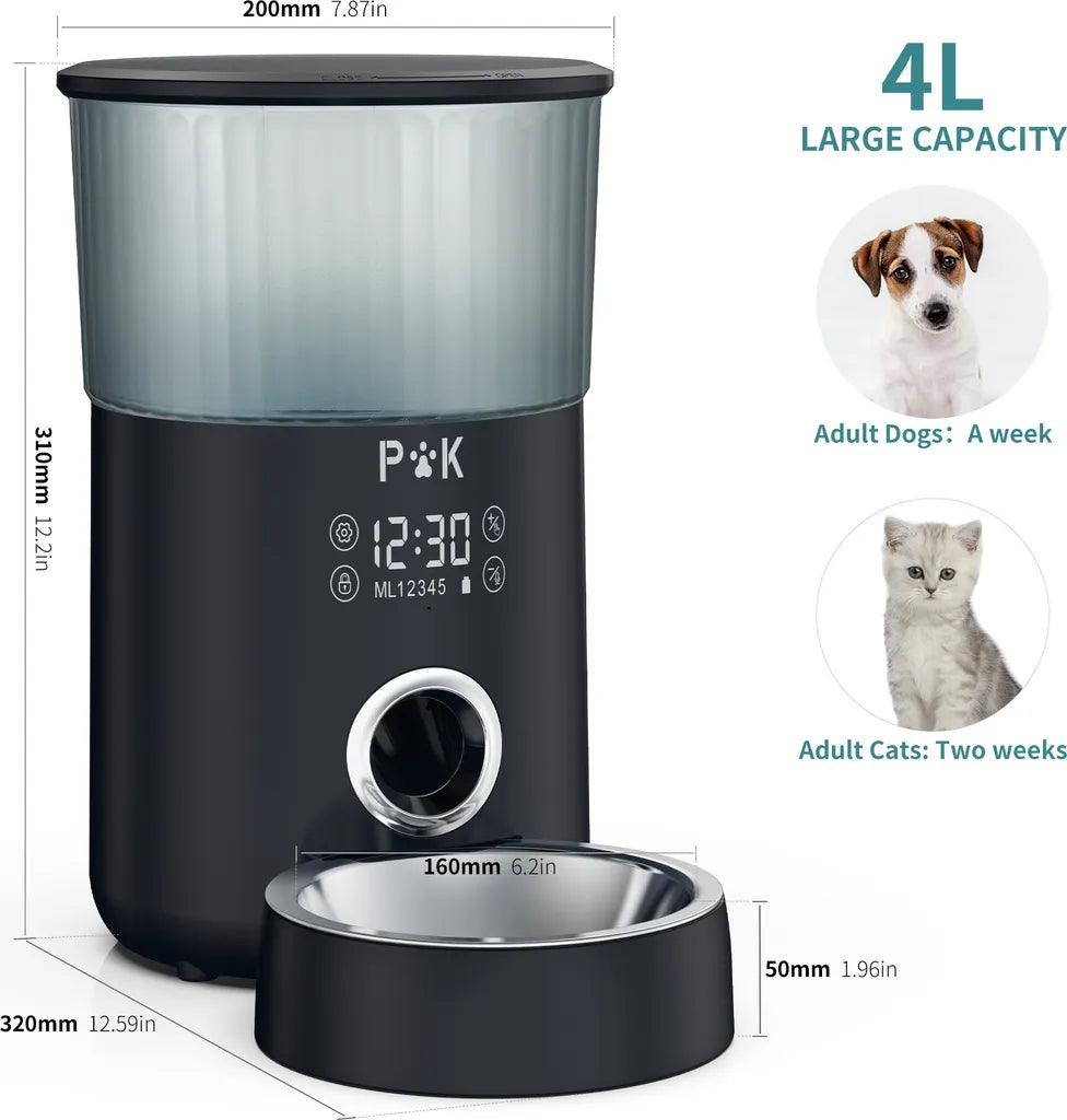  P&K 4L Automatischer Futterautomat Touch Futterspender Für Katzen Und Hunde, 1-5 Mahlzeiten Pro Tag, Netzteil / Batterie, Schwarz