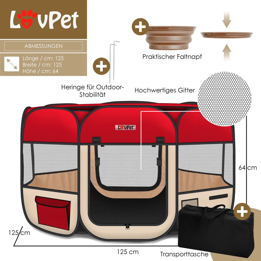  LOVPET® Welpenlaufstall Tierlaufstall Faltbar Für Kleintiere Hunde, Katzen Inkl. Hundenapf Hundelaufstall Freigehege Oxfordgewebe Pop-up System Indoor & Outdoor, Farbe:Rot / Beige