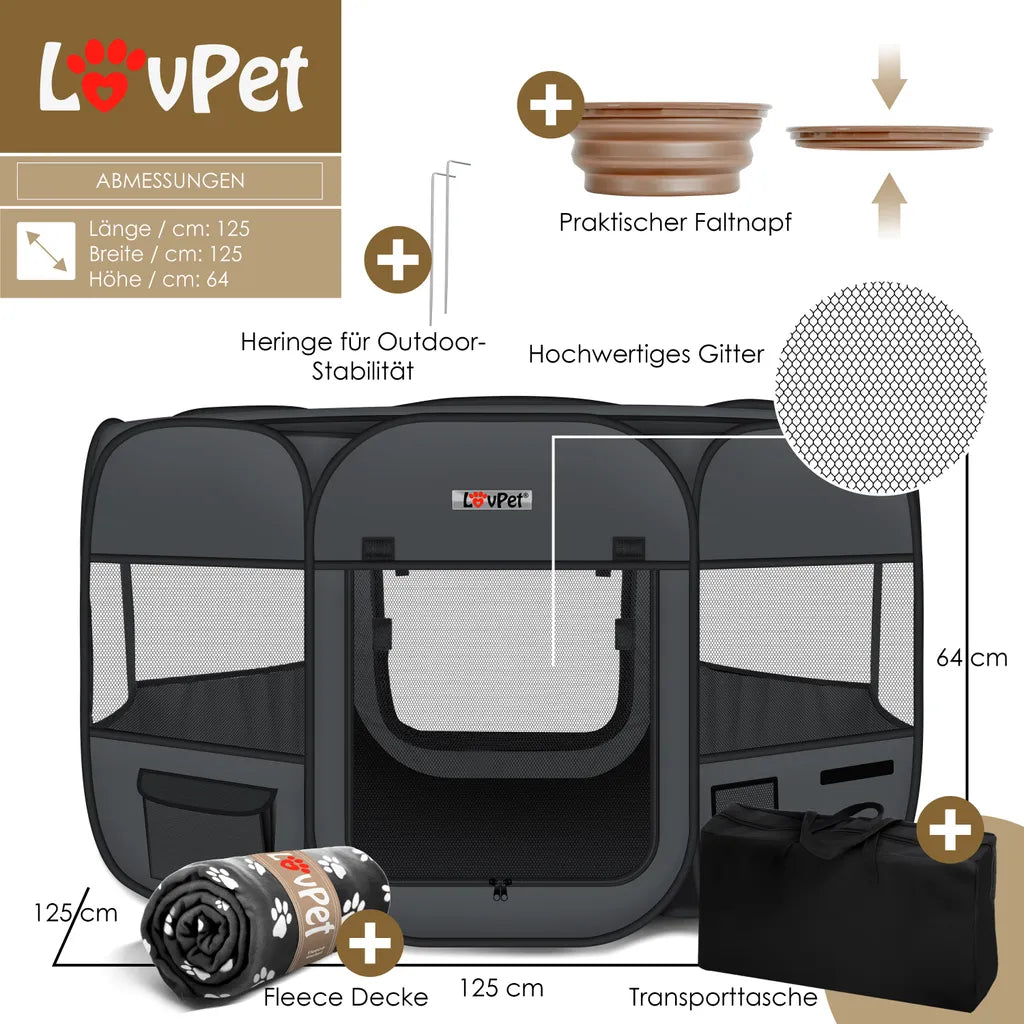  LOVPET® Welpenlaufstall Tierlaufstall Faltbar Für Kleintiere Hunde, Katzen Inkl. Hundenapf Hundelaufstall Freigehege Oxfordgewebe Pop-up System Indoor & Outdoor, Farbe:Anthrazit / Schwarz