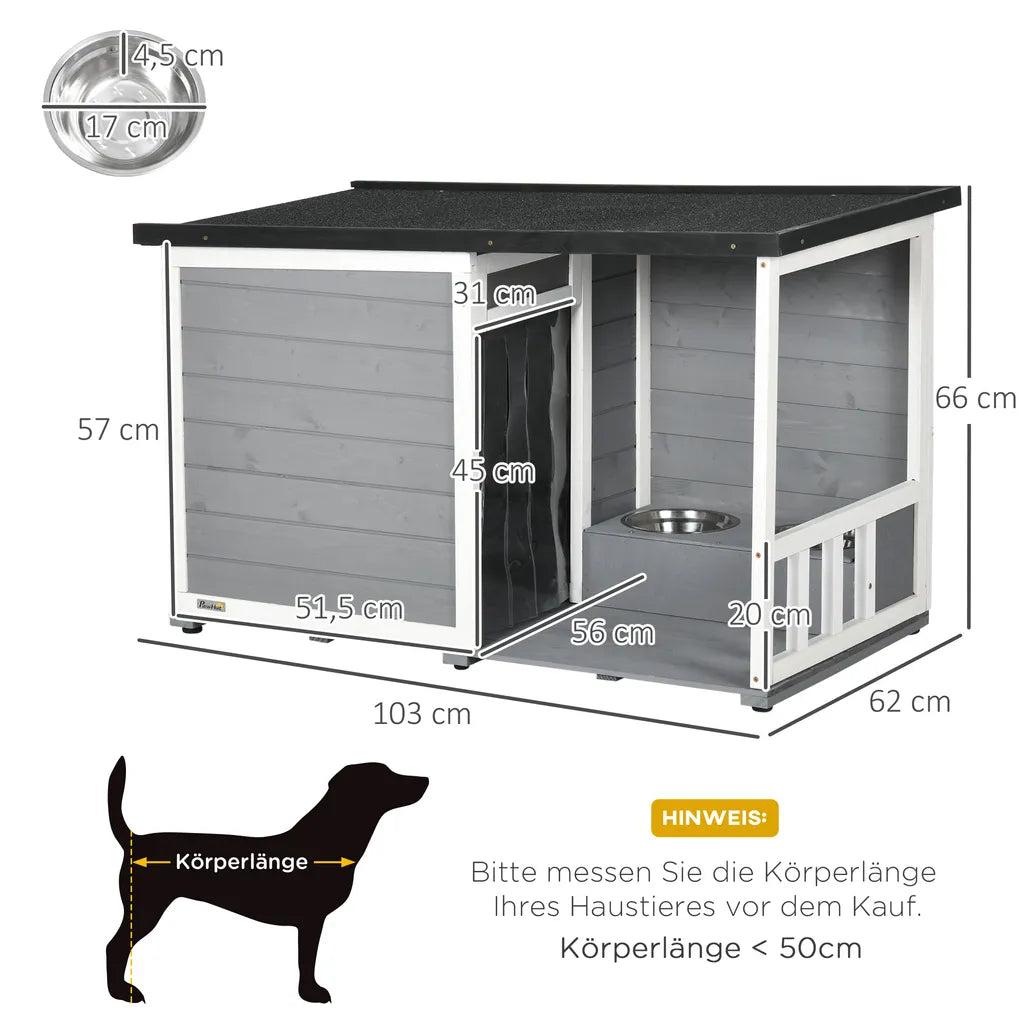  PawHut Hundehütte, Tannenholz, Hundehaus Mit 2 Schüsseln Und Terrasse, Kleintierhaus Für Kleine Hunde Mit Asphaltdach, Erhöhtes Design, Outdoor, Wetterbeständig, Grau, 103 X 62 X 60-66 Cm
