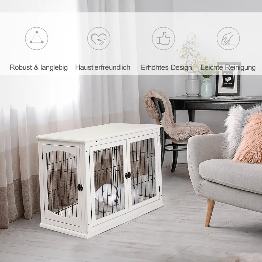  PawHut Hundehütte Hundehaus Transportbox Mit Tischoberfläche Kleintierkäfig Für Innen Hundebox Tierkäfig Haustier MDF Metall Weiß 81 X 58,5 X 66 Cm