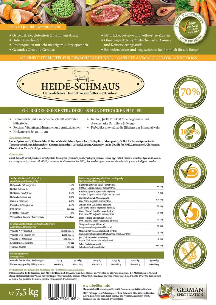  Bellfor Heide-Schmaus - Weidelamm & Wildkaninchenfleisch - Getreidefrei 7,5 Kg