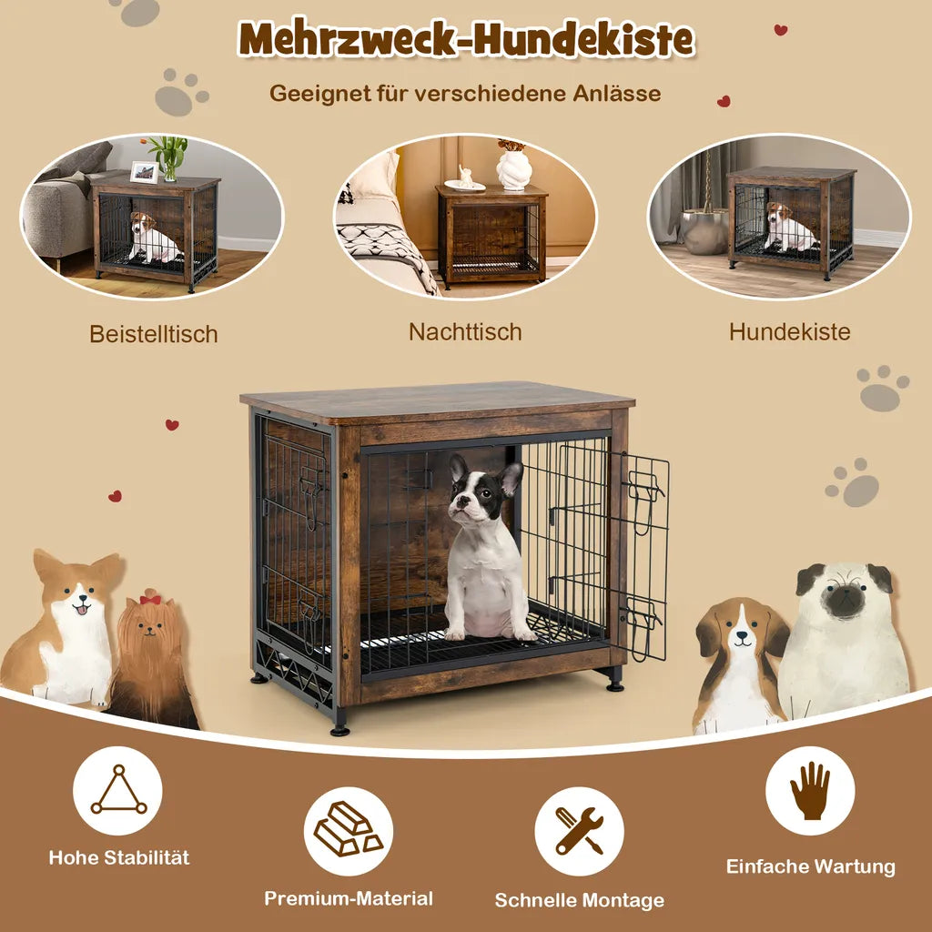  COSTWAY Hundekäfig Mit Doppeltüren, Hundebox 69x47x61cm Inkl. Herausnehmbares Tablett & Gittertüren, Haustierkäfig, Beistelltisch, Braun