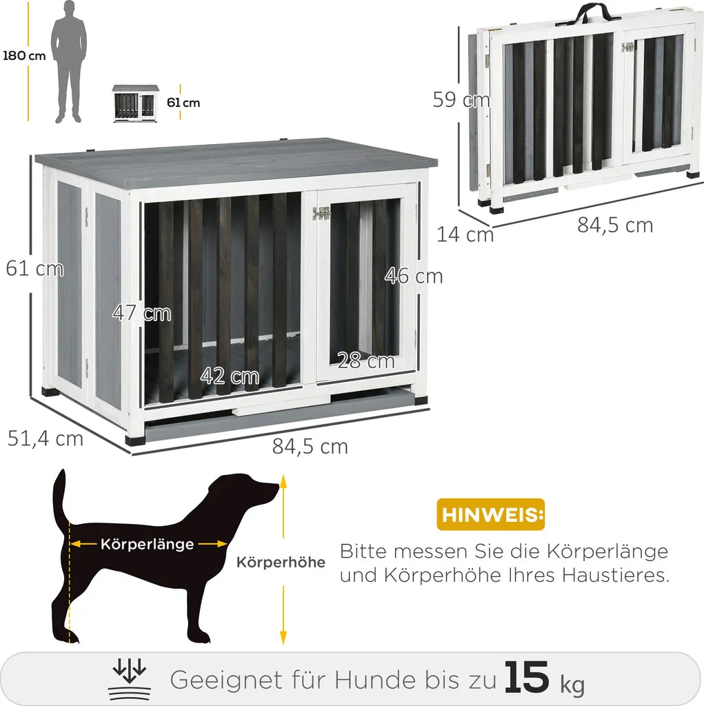  Pawhut Hundehütte Tannenholz Faltbarer Hundekäfig Hundehaus Mit Fenster Transportbox Transportkäfig Haustierkäfig Grau 84,5 X 51,4 X 61 Cm