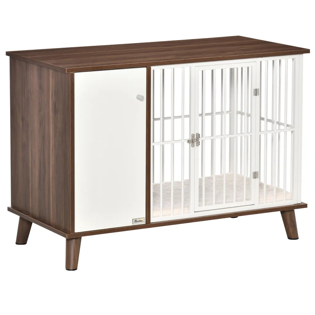  PawHut Hundekäfig Aus Holz Mit Schrank Kissen Tischoberfläche Erhöhtes Design Hundebox Für Mittelgroße Kleine Hunde Innen Zuhause Tierkäfig Haustier Stahl Braun 98 X 48 X 70,5 Cm