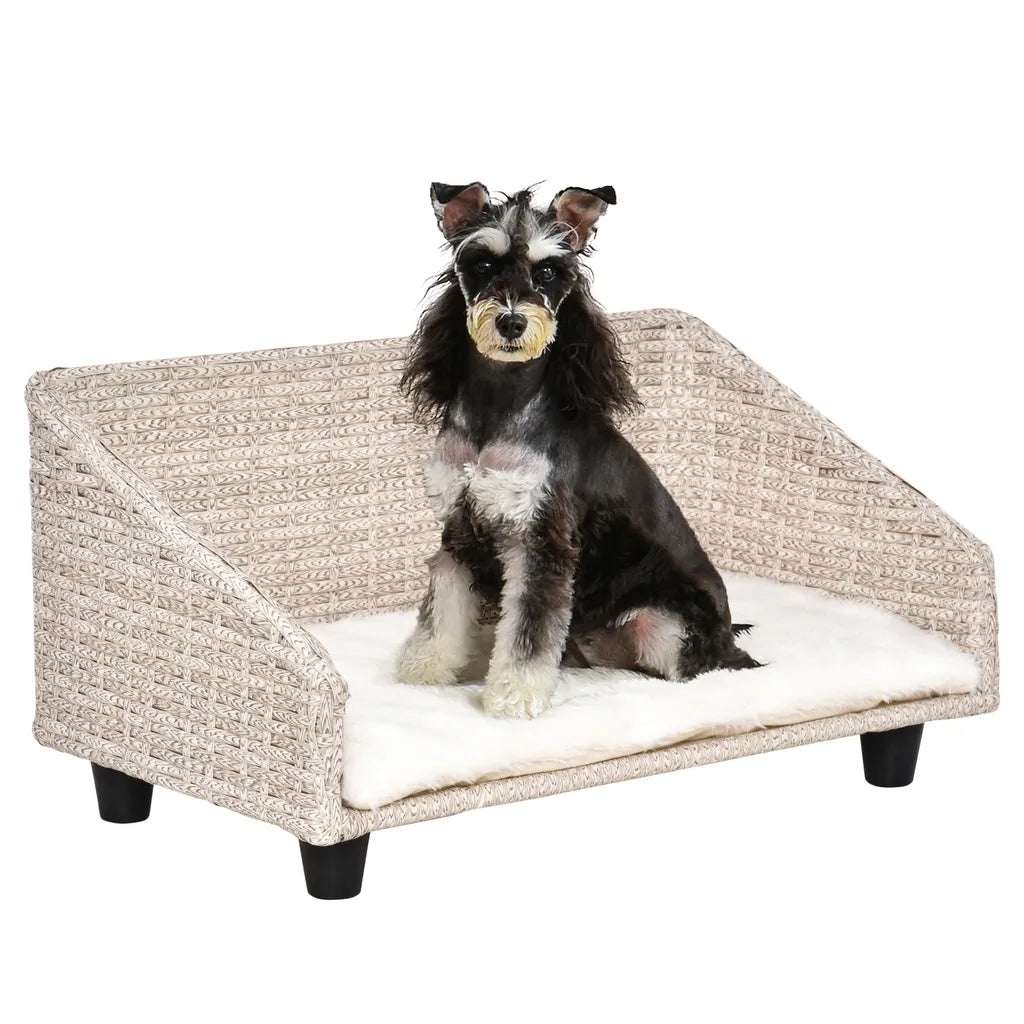 PawHut Haustiersofa Hundebett Rattan Mit Kissen Vier Füßen Haustierbett Katzenbett Hundekorb Hundesofa Für Kleine Hunde Hellgrau+Weiß 70,5 X 40 X 37,5 Cm