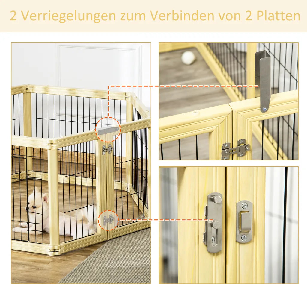  Pawhut Freigehege 6 Stücke Schutzgitter DIY-Laufstall Welpenauslauf Freilaufgehege Mit Tür Für Kleine Hunde Klappbar Naturholz 420 X 62 Cm