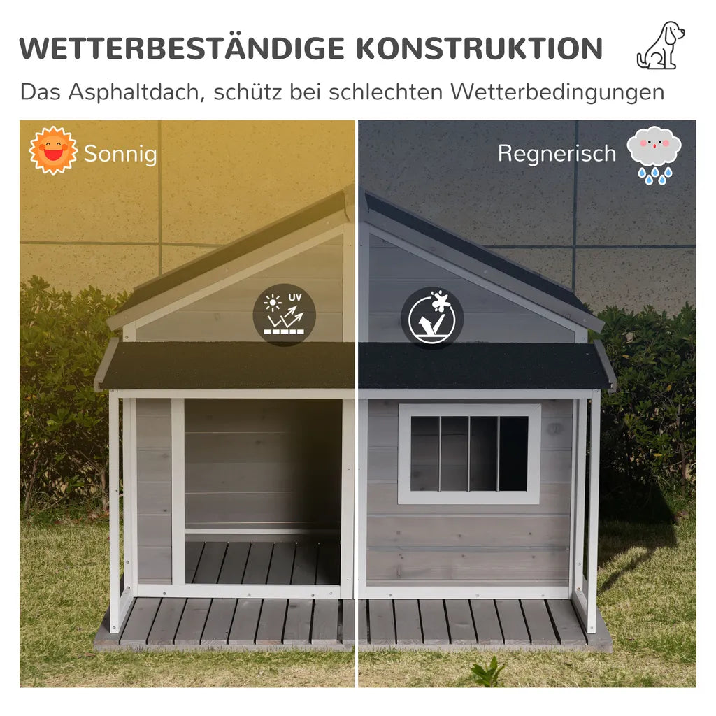  PawHut Hundehütte Aus Massivholz Kleintierhaus Isoliertes Hundehaus Mit Terrasse Asphaltdach Outdoor Wetterfeste Hütte Für Draußen Grau 127 X 112 X 109 Cm