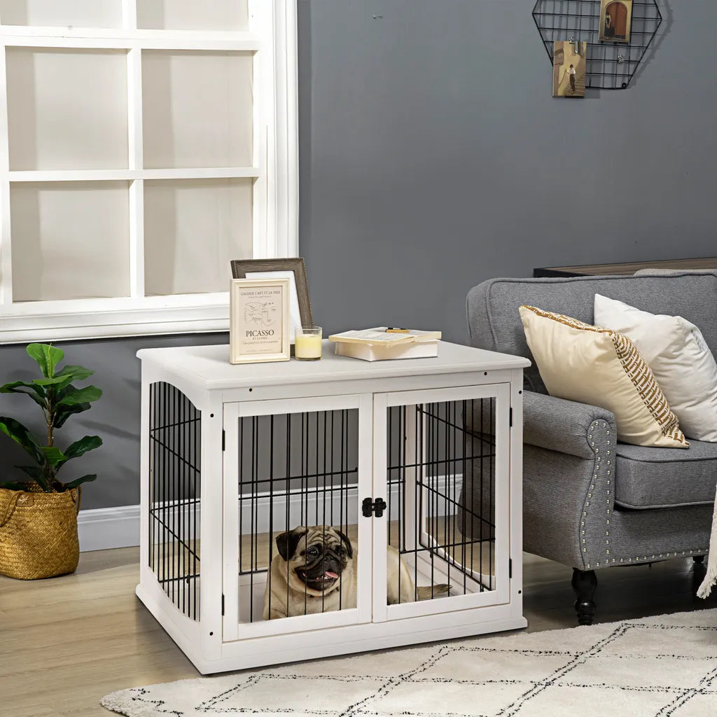 PawHut Hundehütte Hundehaus Transportbox Mit Tischoberfläche Kleintierkäfig Für Innen Hundebox Tierkäfig Haustier MDF Metall Weiß 81 X 58,5 X 66 Cm