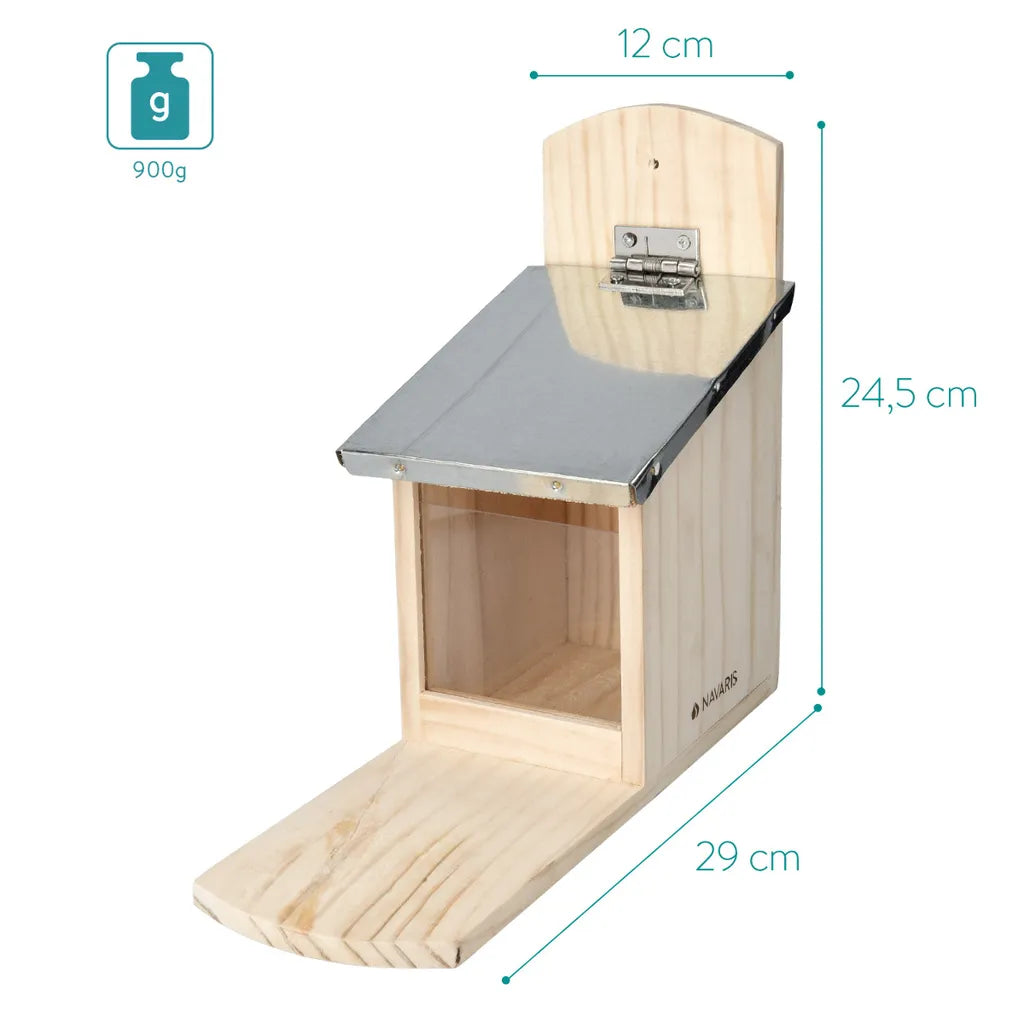  Navaris Eichhörnchen Futterhaus Wetterfest Aus Holz Und Metall - Futterkasten Futterautomat Für Garten Balkon - Futterstation Mit Prellschutz