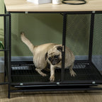  PawHut Hundekäfig, Hundehaus Mit Tischplatte, Haustierkäfig, Hundehütte Mit Kissen, Ausziehbarer Bodenwanne, Hundebox Für Mittelgroße Hunde, Tierkäfig, Indoor, Eiche+Schwarz, 80 X 55 X 71 Cm