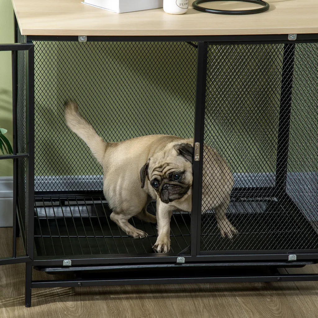  PawHut Hundekäfig, Hundehaus Mit Tischplatte, Haustierkäfig, Hundehütte Mit Kissen, Ausziehbarer Bodenwanne, Hundebox Für Mittelgroße Hunde, Tierkäfig, Indoor, Eiche+Schwarz, 80 X 55 X 71 Cm